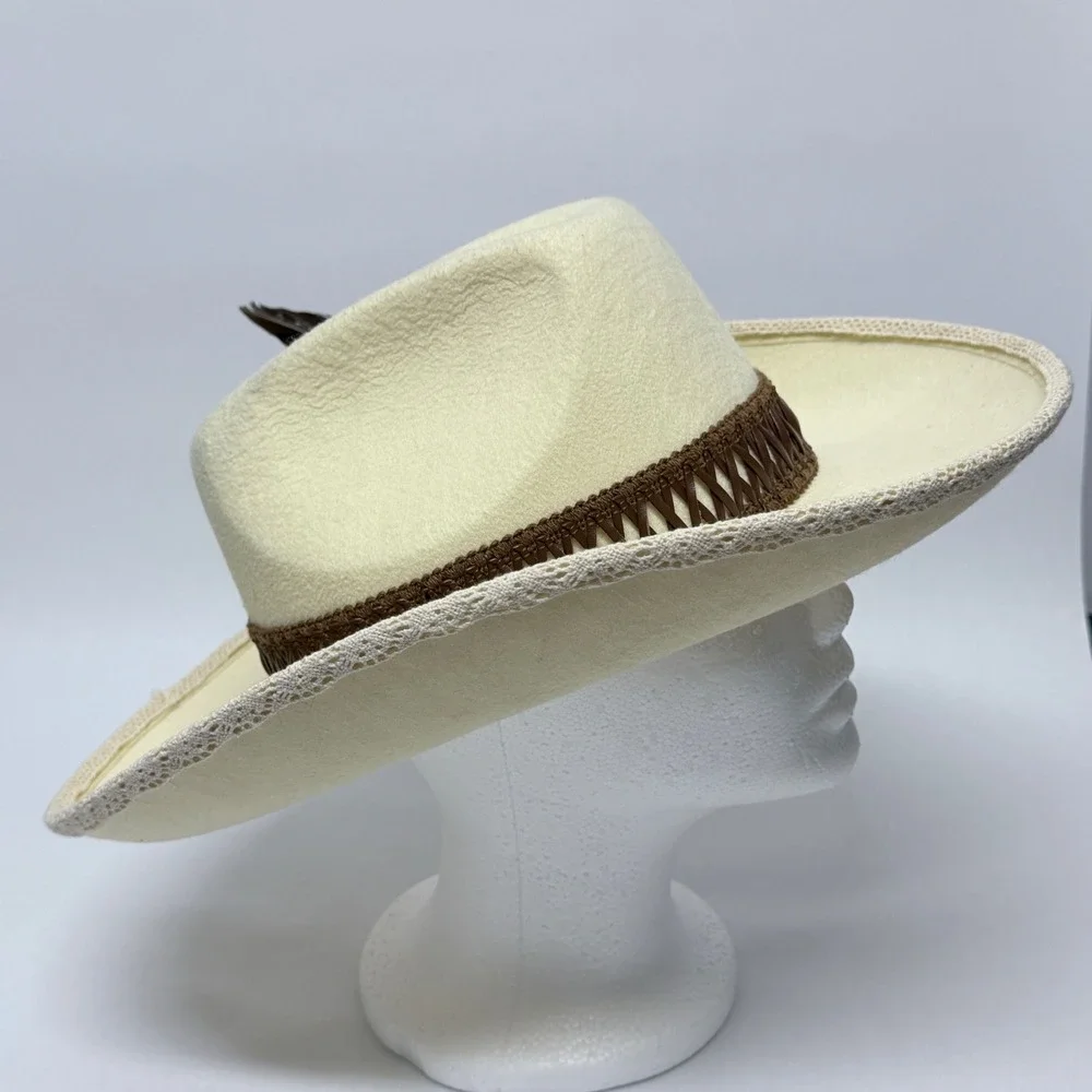 Cream Felt Western Cowboy Hat Feather Accent Lace Trim Brim Festival Boho Ivory